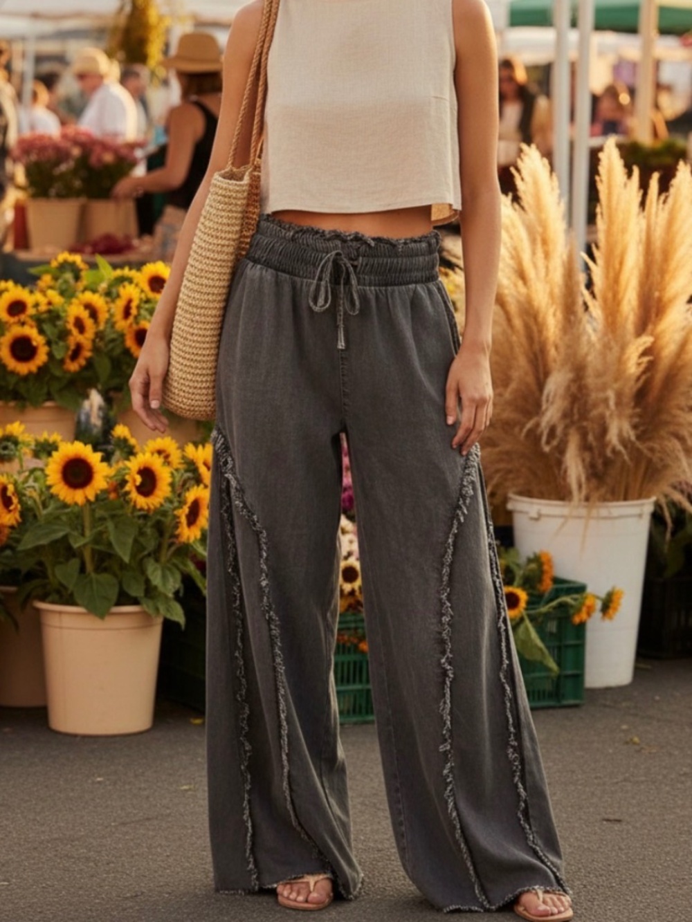 Sage + Fig Charcoal Ash Grey High Waisted Wide leg Tencel Pants